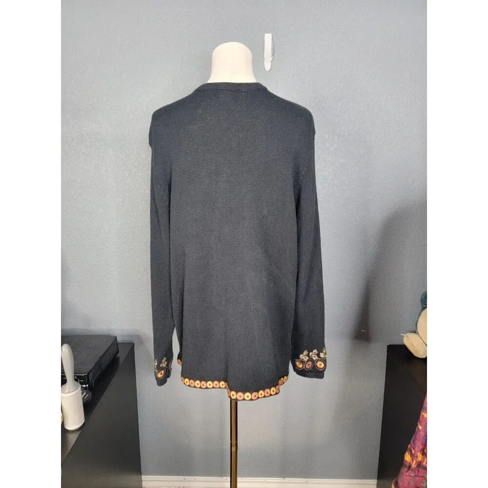 Vtg Bechamel Womens L Black Knit Embroidered Autum Leave Floral Button Cardigan